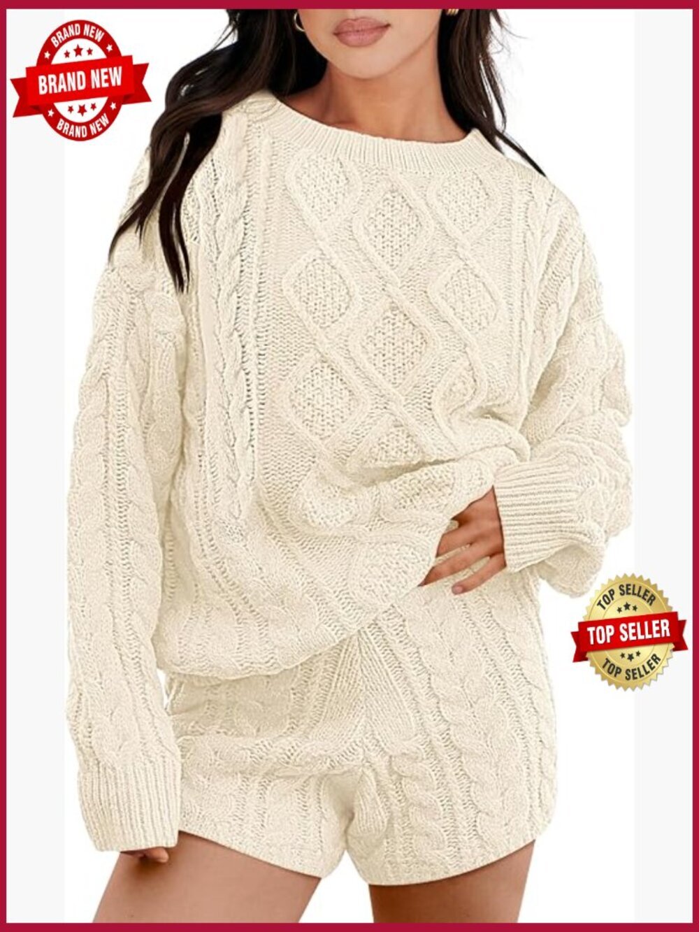 2 Piece Knit Lounge Set Cable Sweater & Shorts